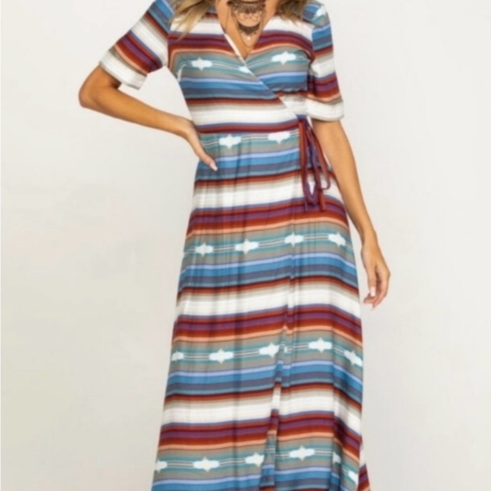 Stetson Blue and Brown Striped Maxi Dress size M